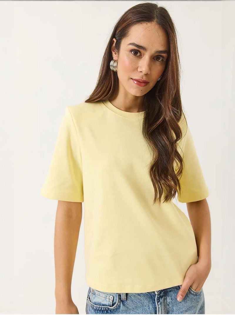 T-shirt básica de algodão acolchoado com gola redonda lucci Amarelo-limão - Kiabi