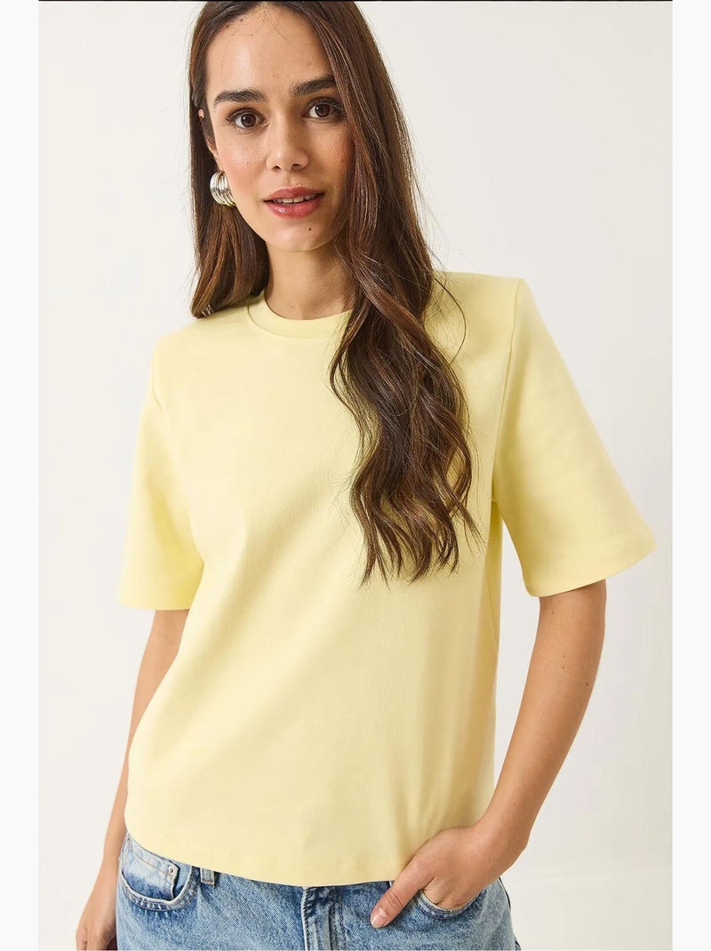 T-shirt básica de algodão acolchoado com gola redonda lucci Amarelo-limão - Kiabi