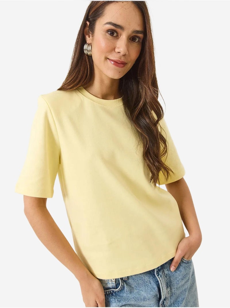 T-shirt básica de algodão acolchoado com gola redonda lucci Amarelo-limão - Kiabi