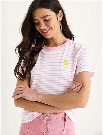 T-shirt básica de algodão às riscas com bordado de limão lucci