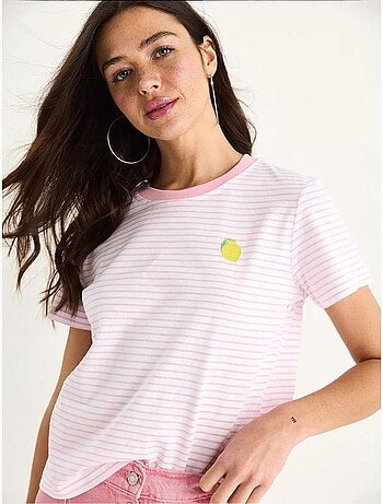 T-shirt básica de algodão às riscas com bordado de limão lucci