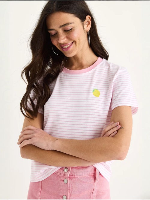T-shirt básica de algodão às riscas com bordado de limão lucci - Kiabi T-shirt básica de algodão às riscas com bordado de limão lucci - Kiabi