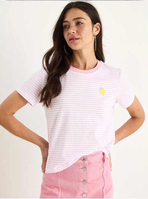 T-shirt básica de algodão às riscas com bordado de limão lucci - Kiabi T-shirt básica de algodão às riscas com bordado de limão lucci - Kiabi