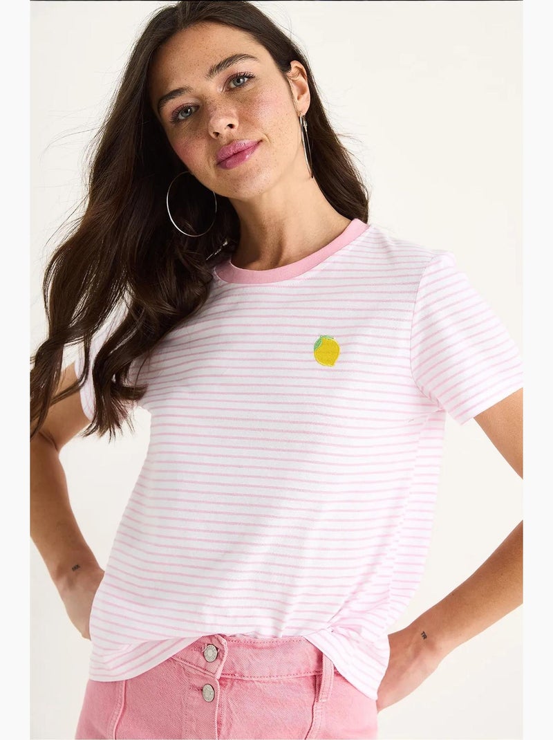 T-shirt básica de algodão às riscas com bordado de limão lucci Rosa-fluo/Solinotes - Kiabi