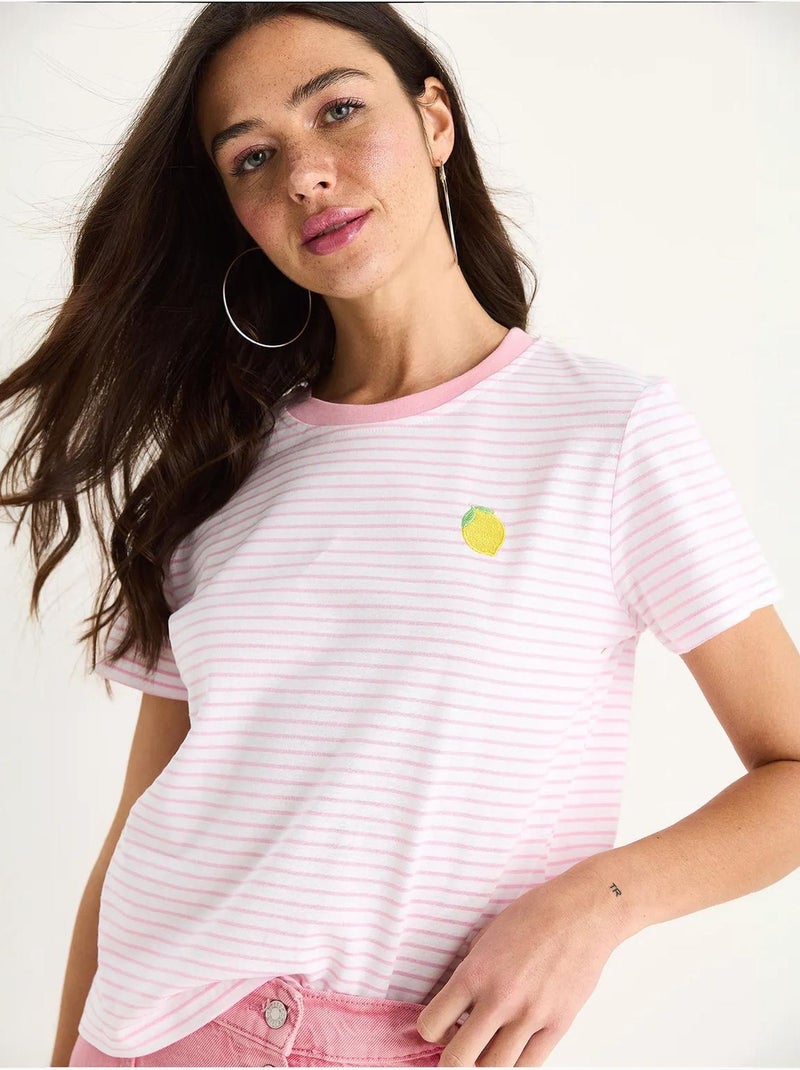 T-shirt básica de algodão às riscas com bordado de limão lucci Rosa-fluo/Solinotes - Kiabi