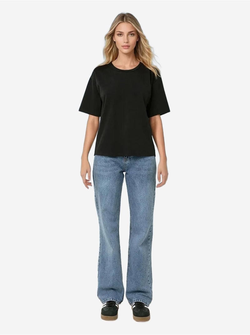T-shirt básica de algodão com gola redonda hiccup Preto - Kiabi