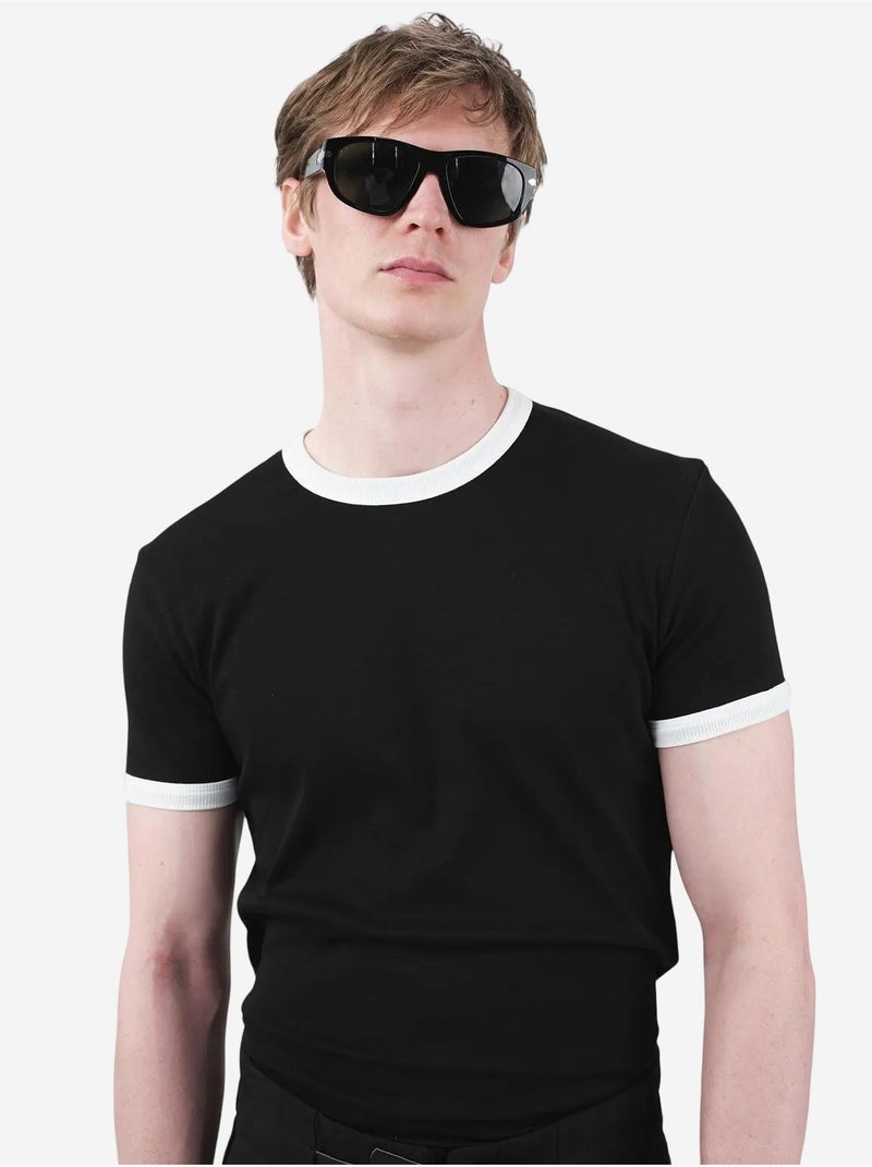 T-shirt básica de gola redonda com debrum em contraste giesto Preto - Kiabi