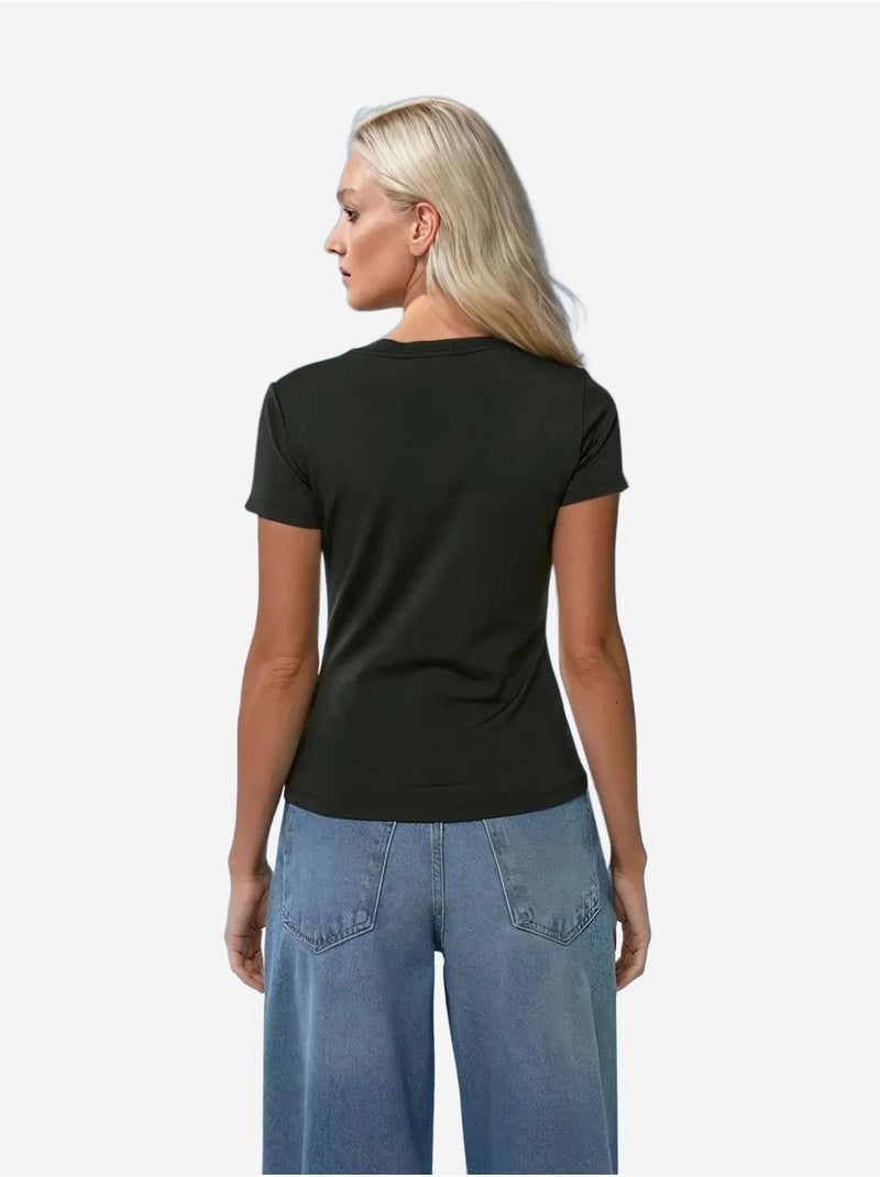 T-shirt básica de gola redonda Preto - Kiabi