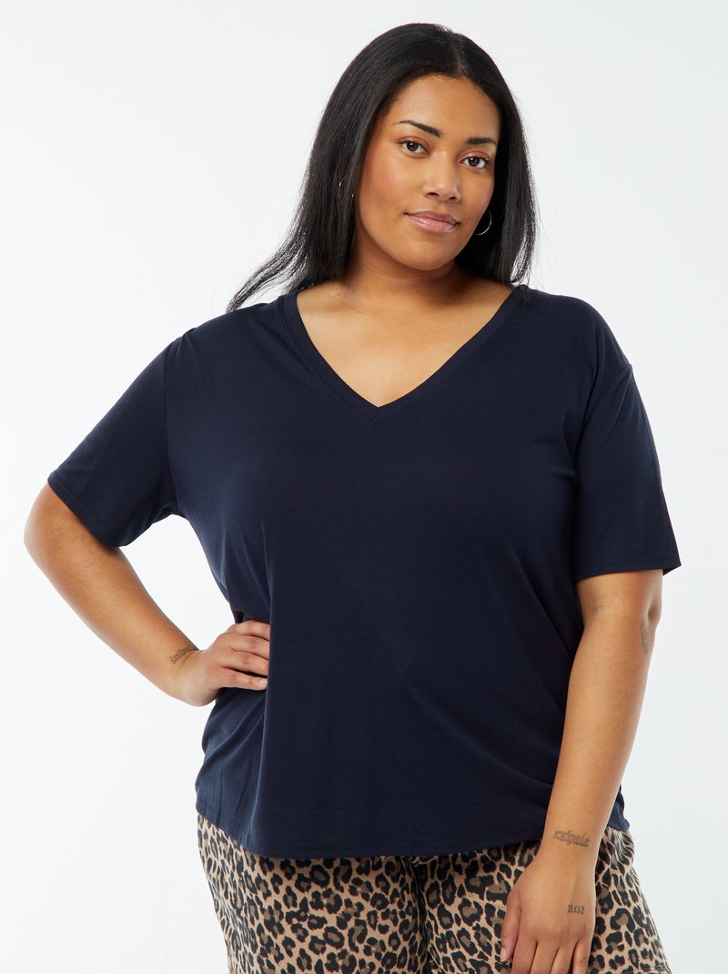 T-shirt básica lisa com gola em bico Azul - Kiabi