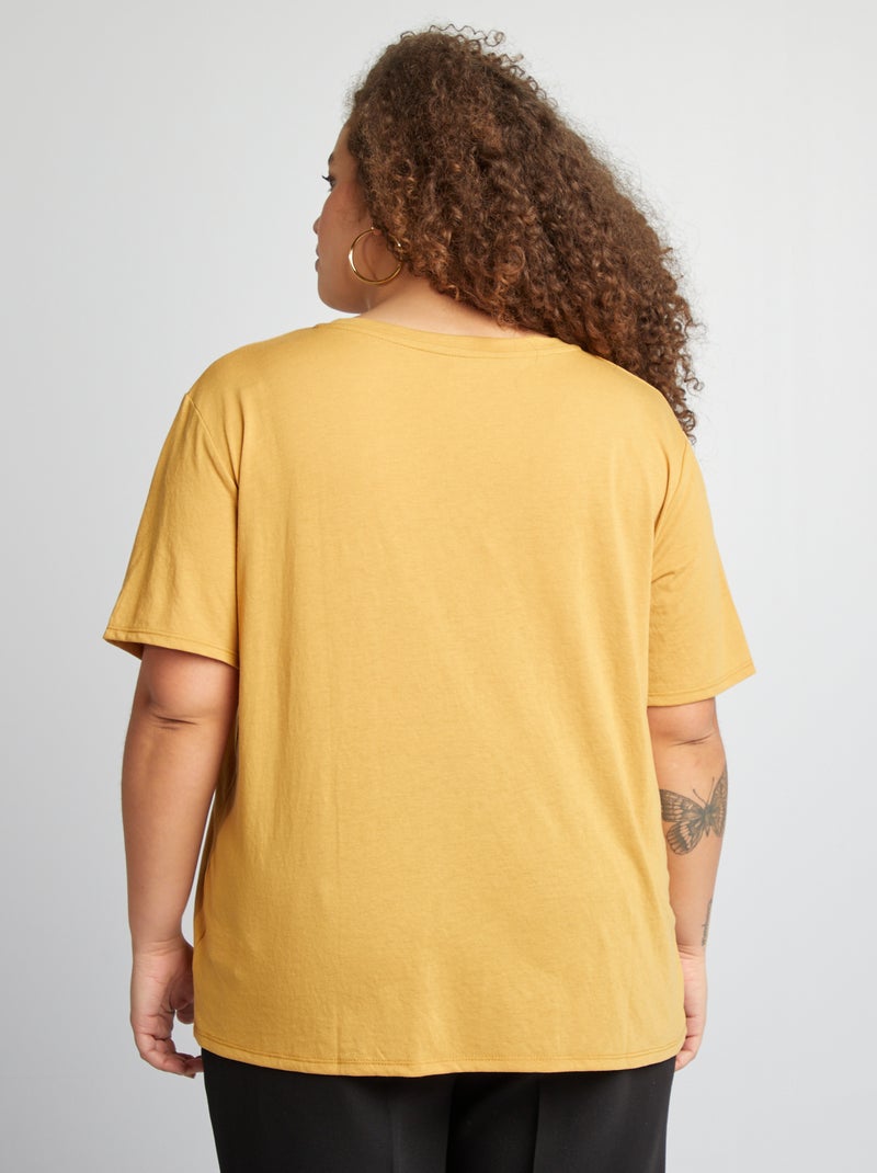 T-shirt básica lisa com gola em bico BEGE - Kiabi