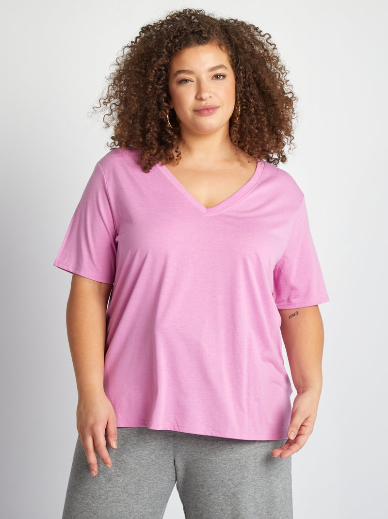 T-shirt básica lisa com gola em bico ROSA - Kiabi