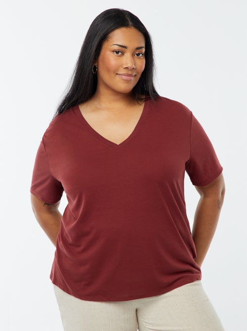 T-shirt básica lisa com gola em bico - Kiabi