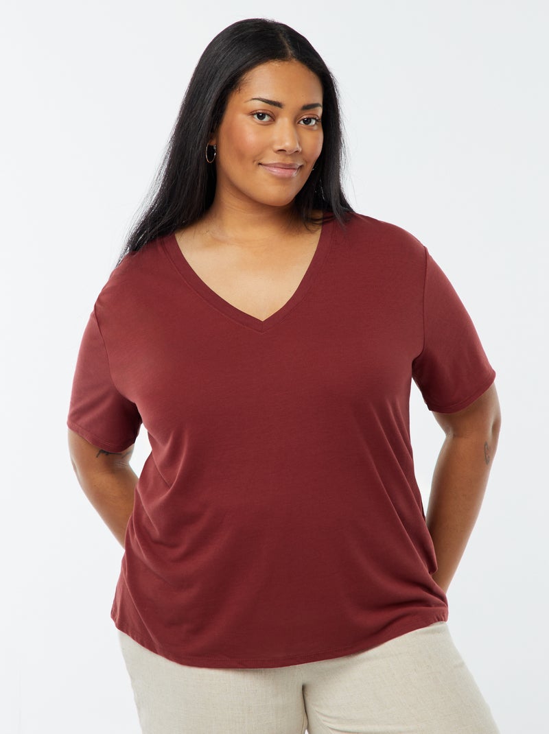 T-shirt básica lisa com gola em bico Vermelho - Kiabi