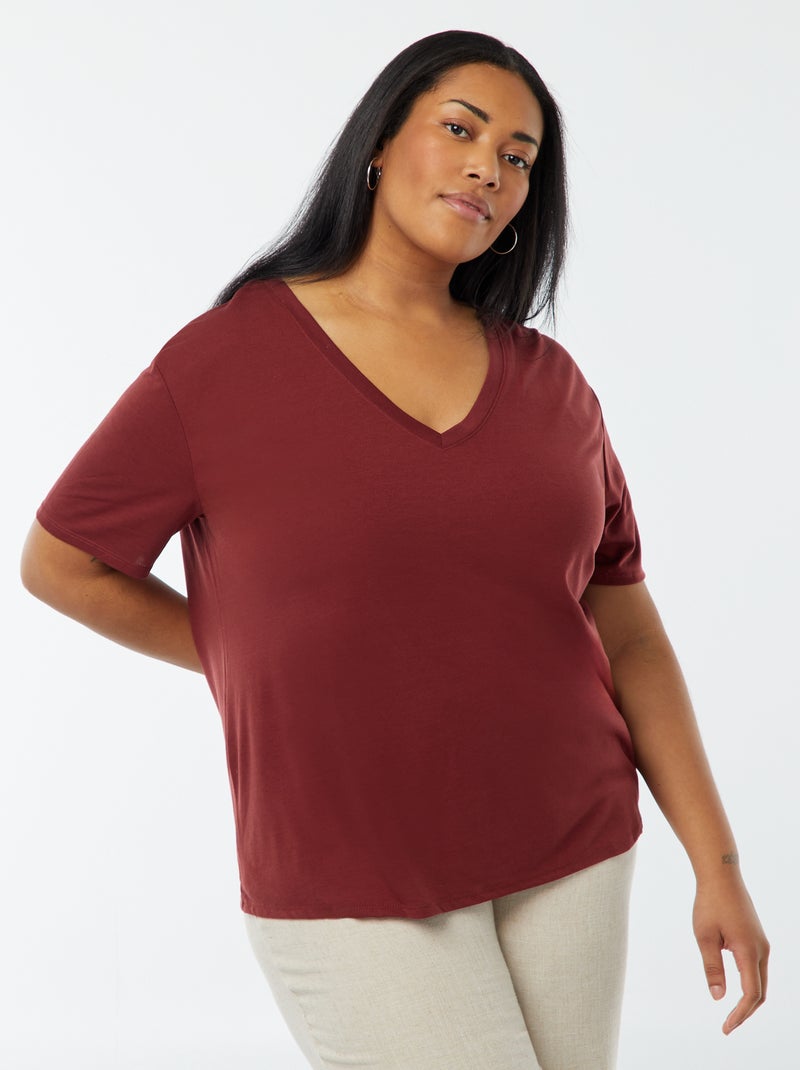 T-shirt básica lisa com gola em bico Vermelho - Kiabi