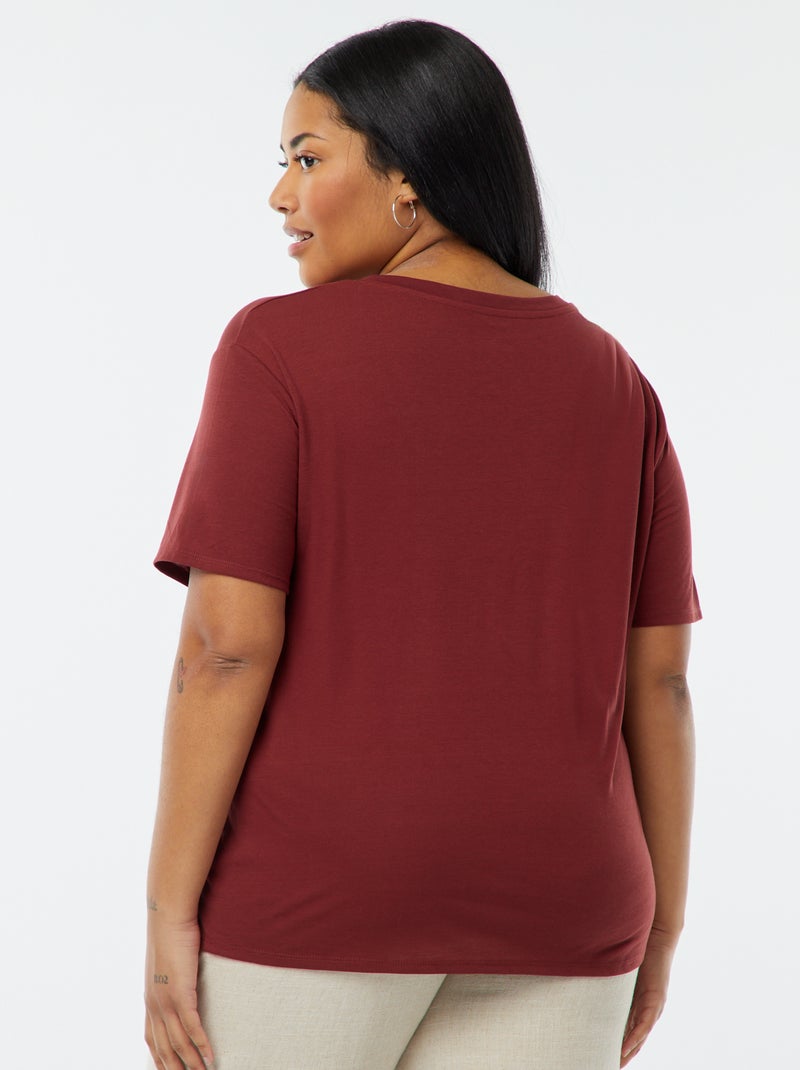 T-shirt básica lisa com gola em bico Vermelho - Kiabi