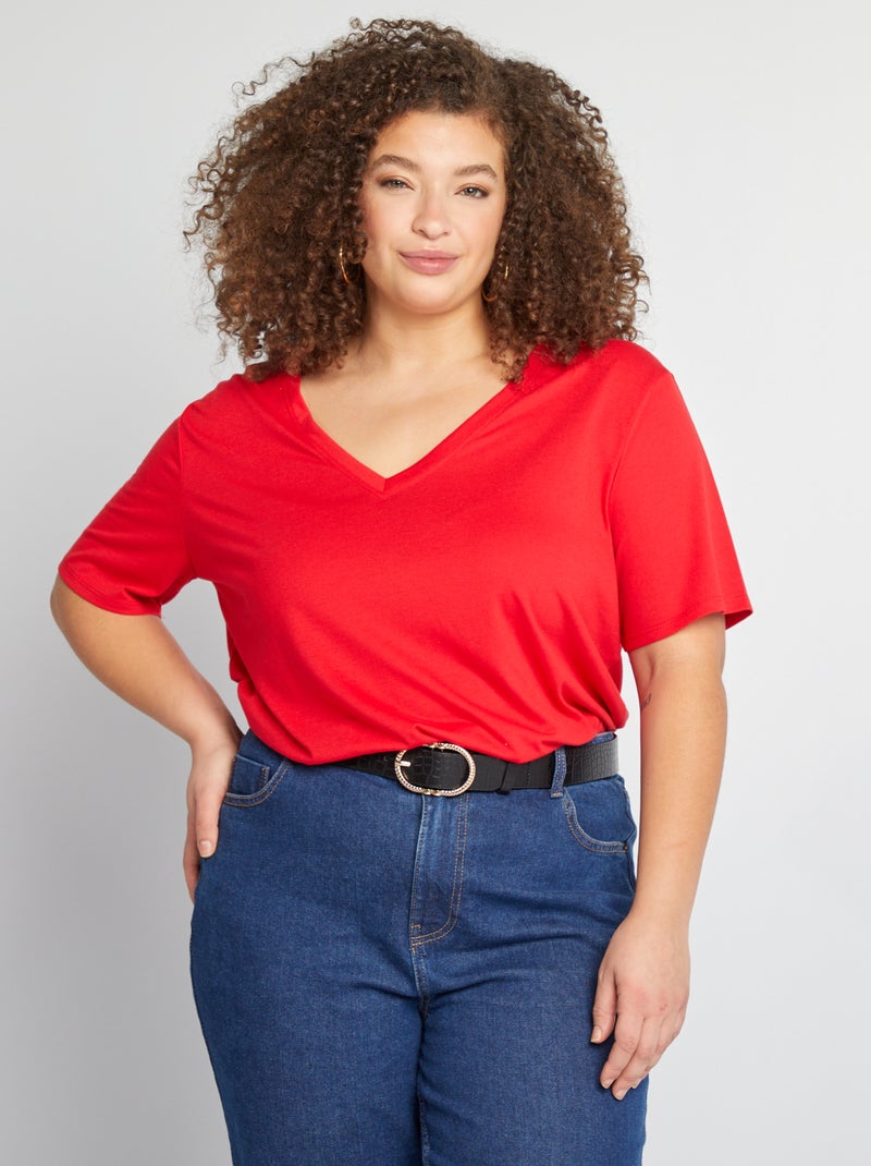 T-shirt básica lisa com gola em bico VERMELHO - Kiabi