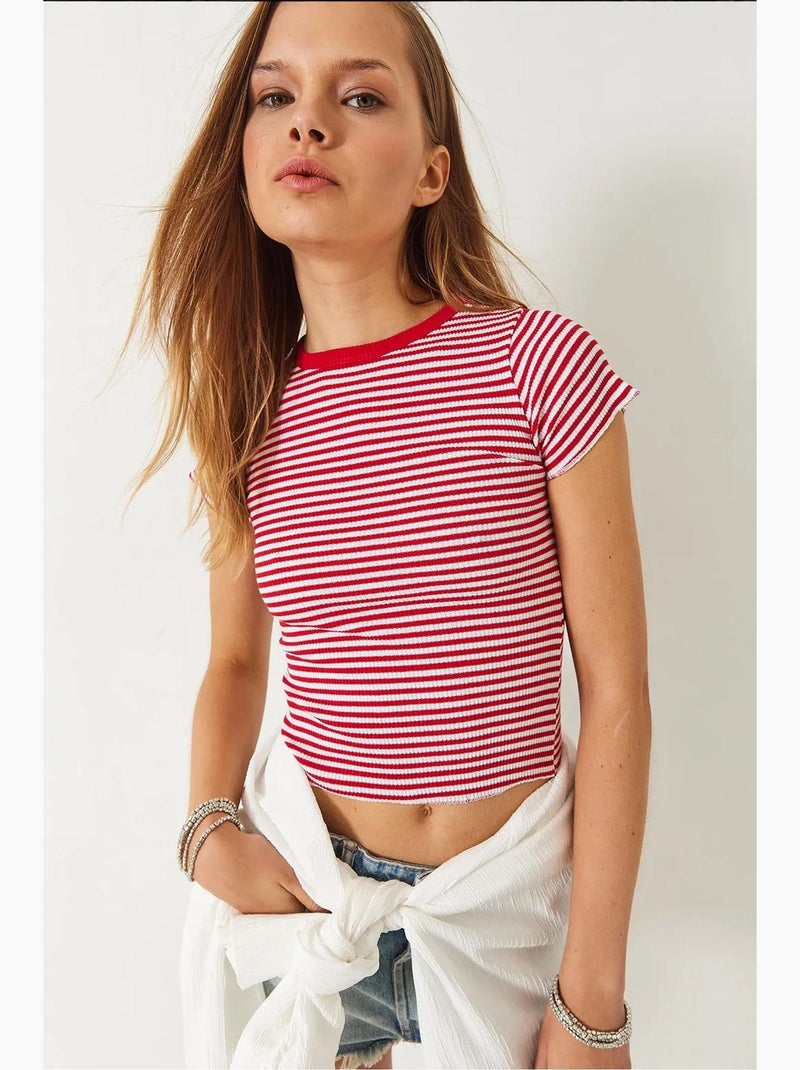 T-shirt básica listrada canelada lucci Vermelho - Kiabi