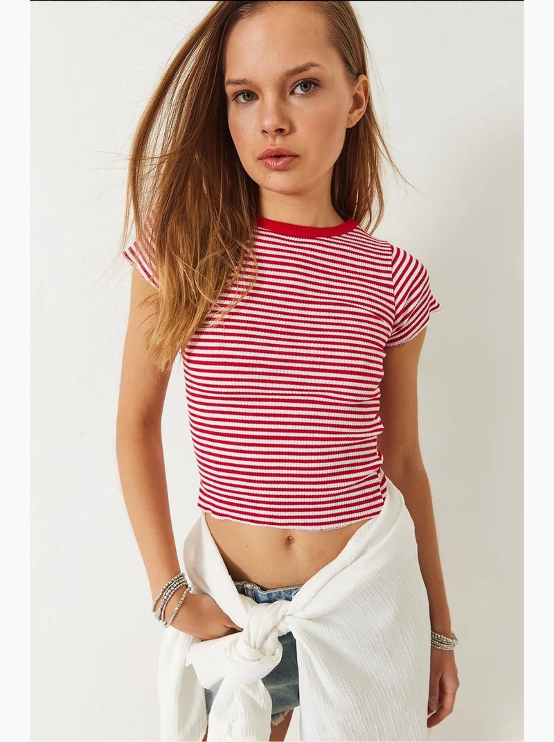 T-shirt básica listrada canelada lucci Vermelho - Kiabi