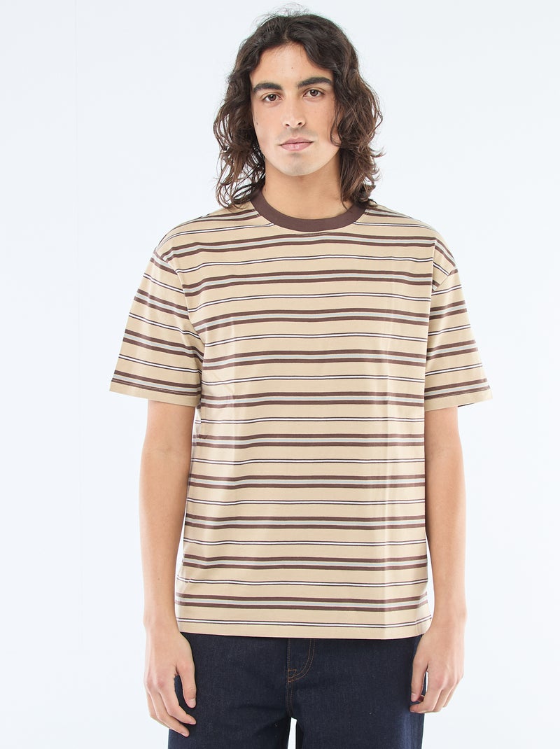 T-shirt básico às riscas Bege - Kiabi