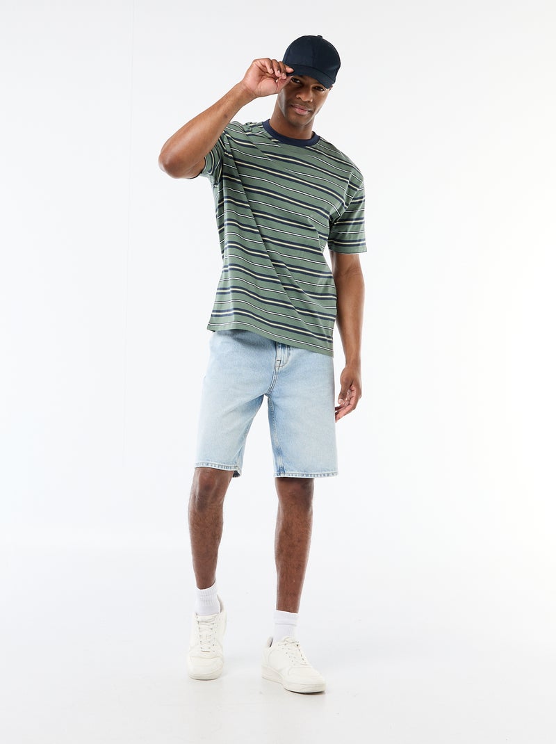 T-shirt básico às riscas Verde - Kiabi