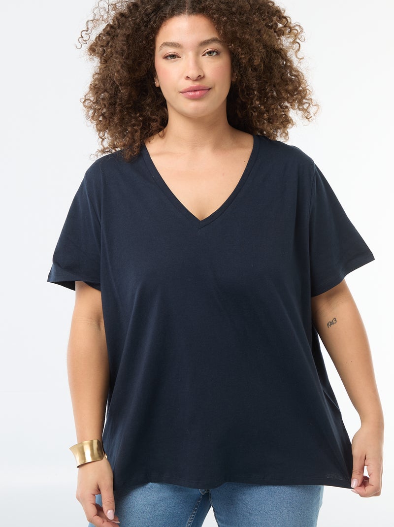T-shirt básico de manga curta com decote em V Azul - Kiabi