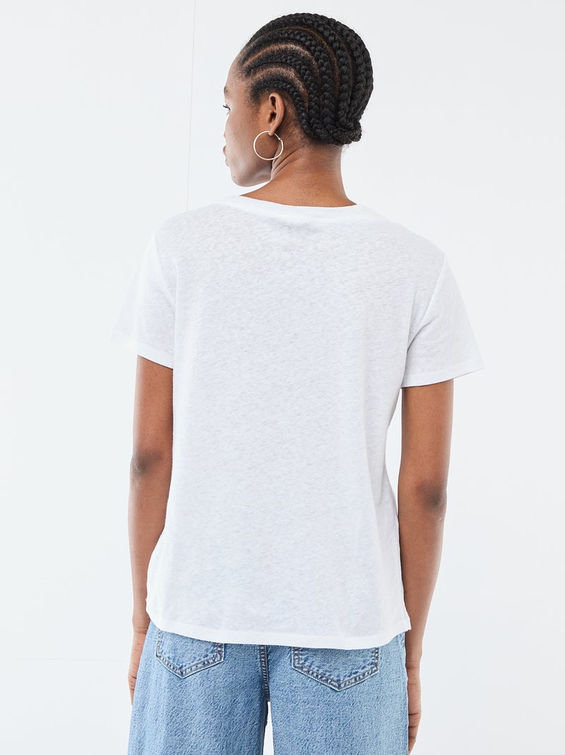 T-shirt básico de manga curta com decote em V Branco - Kiabi