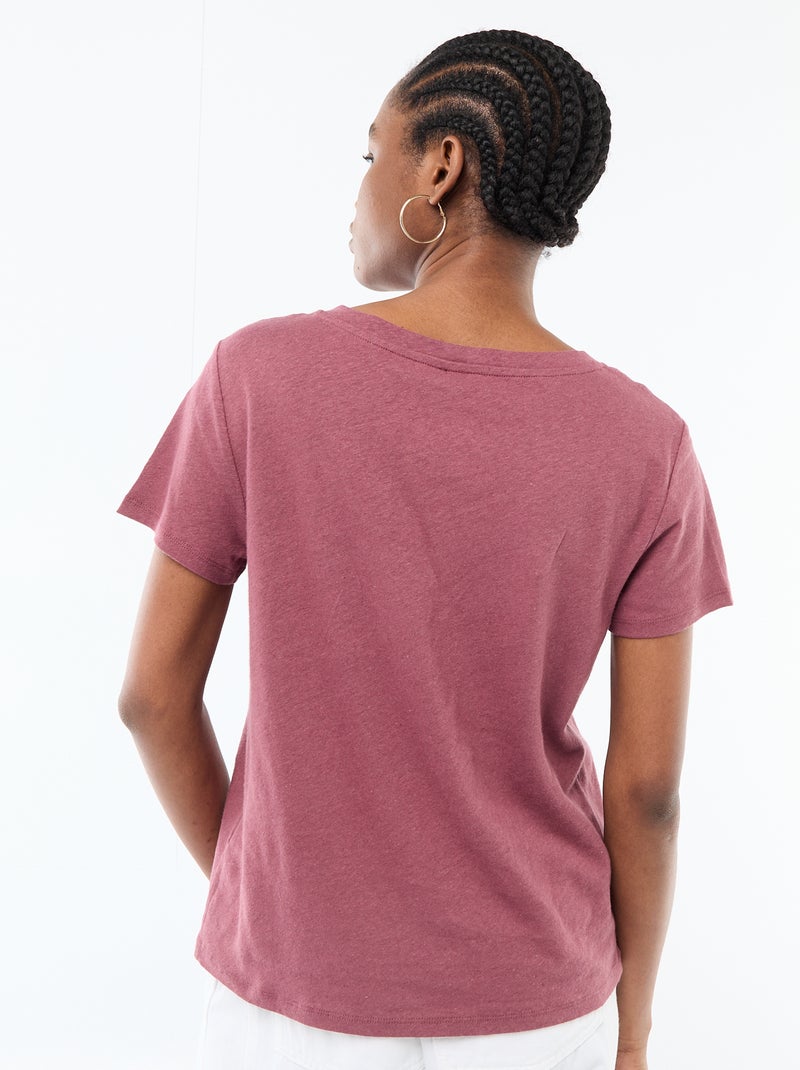 T-shirt básico de manga curta com decote em V Rosa - Kiabi