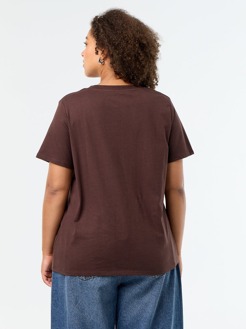 T-shirt básico de manga curta e decote em V Castanho - Kiabi
