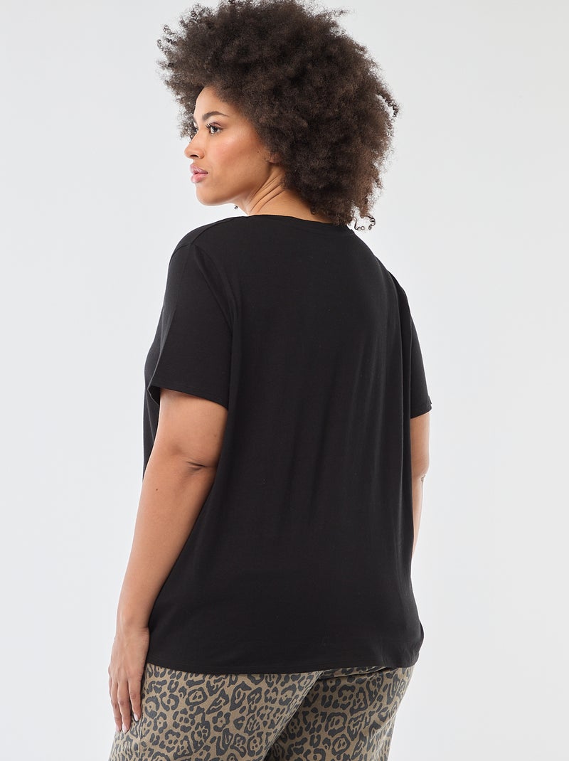T-shirt básico de manga curta e decote em V Preto - Kiabi