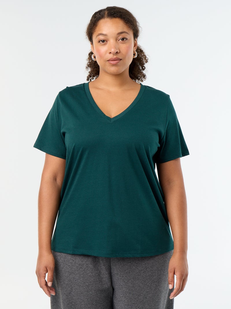 T-shirt básico de manga curta e decote em V Verde - Kiabi