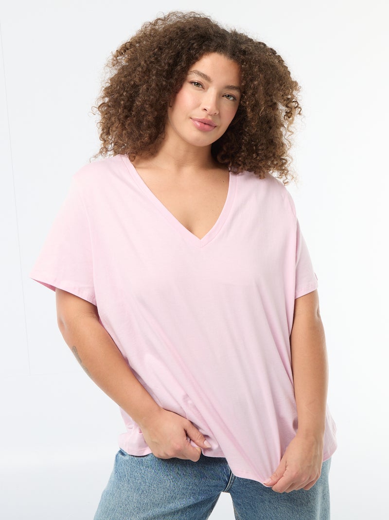 T-shirt básico de manga curta e gola V Rosa - Kiabi
