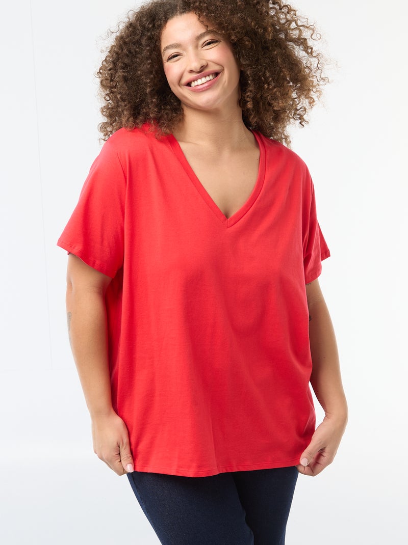 T-shirt básico de manga curta e gola V Vermelho - Kiabi