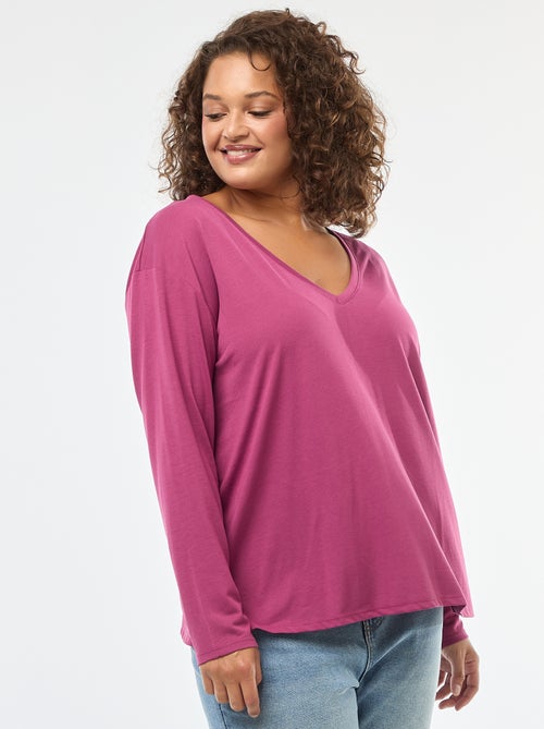 T-shirt básico decote em V e mangas 3/4 - Kiabi