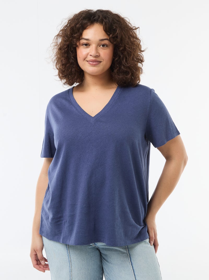 T-shirt básico decote em V e mangas curtas Azul - Kiabi