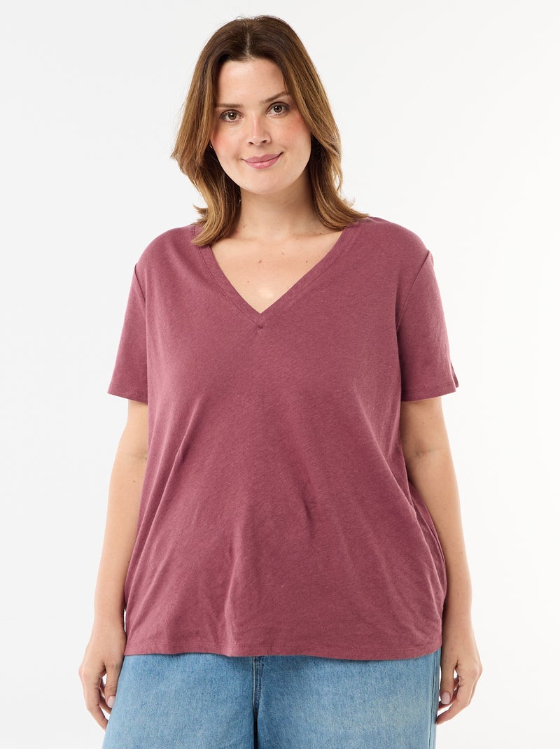 T-shirt básico decote em V e mangas curtas Rosa - Kiabi