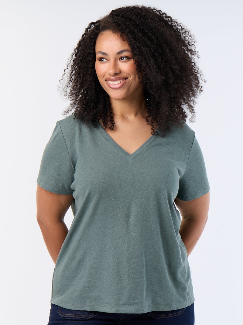 T-shirt básico decote em V e mangas curtas Verde - Kiabi