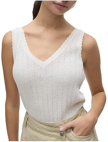 T-Shirt Bege de Mulher Vero Moda com Pormenor Pointelle