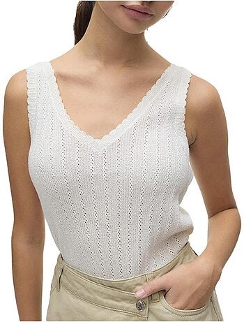 T-Shirt Bege de Mulher Vero Moda com Pormenor Pointelle