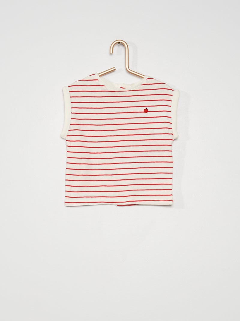 T-shirt bordada branco/vermelho - Kiabi