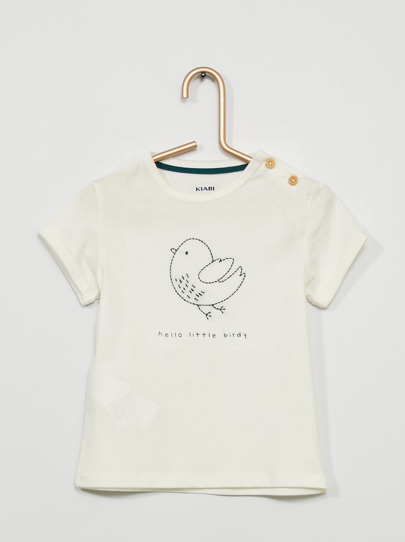 T-shirt bordada com gola redonda BRANCO - Kiabi