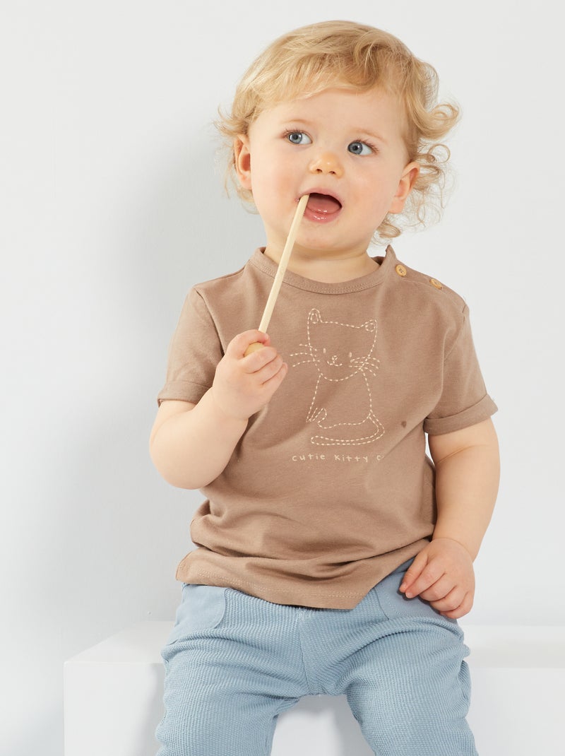 T-shirt bordada com gola redonda CASTANHO - Kiabi