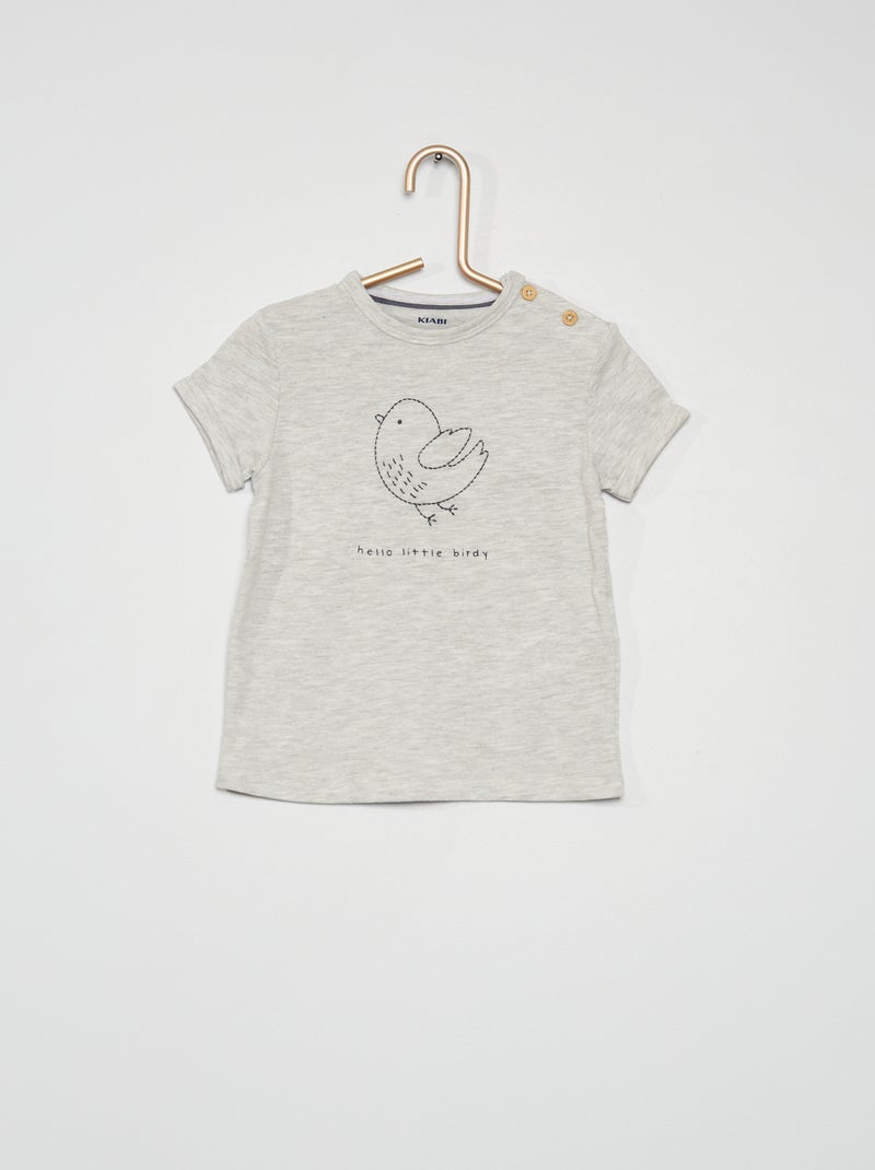 T-shirt bordada com gola redonda CINZA - Kiabi