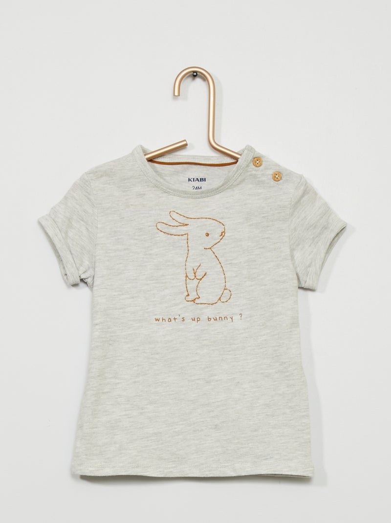 T-shirt bordada com gola redonda CINZA - Kiabi