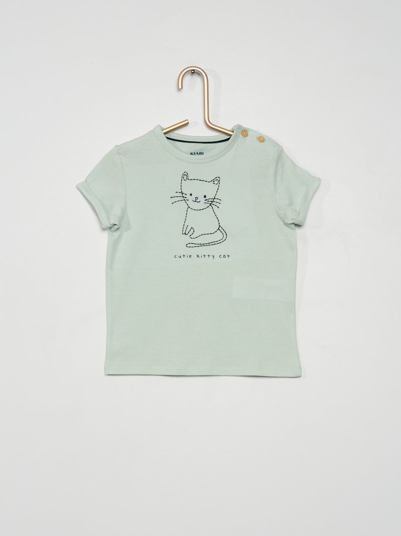 T-shirt bordada com gola redonda VERDE - Kiabi