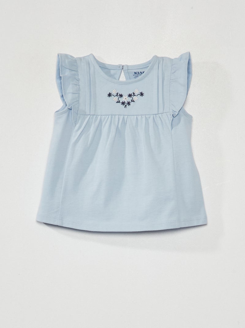 T-shirt bordada com mangas com folhos AZUL - Kiabi