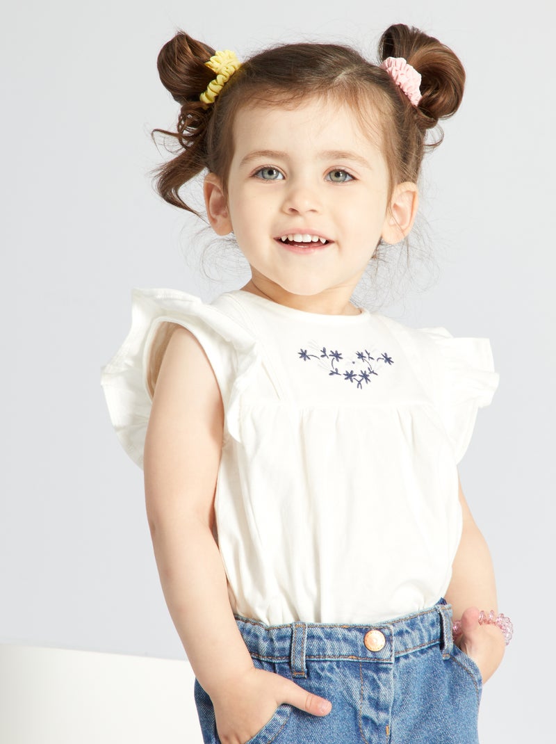 T-shirt bordada com mangas com folhos BRANCO - Kiabi