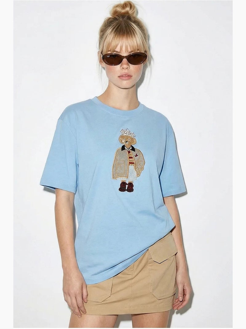 T-shirt bordada de gola redonda com corte descontraído lucci Azul-céu - Kiabi