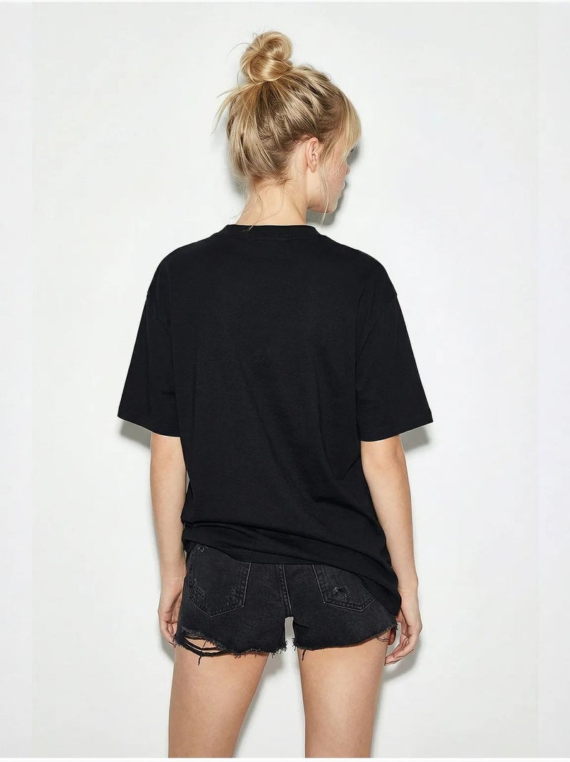 T-shirt bordada de gola redonda com corte descontraído lucci Preto - Kiabi