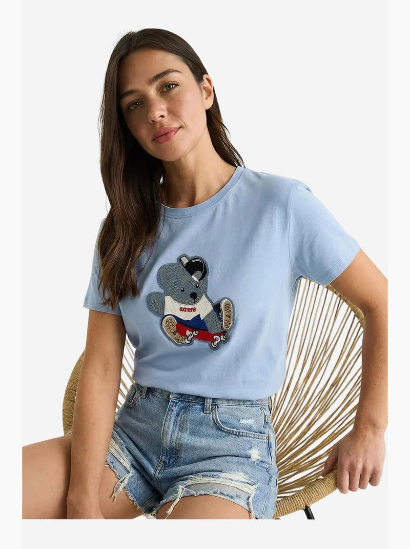 T-shirt bordada de gola redonda lucci Azul-céu - Kiabi
