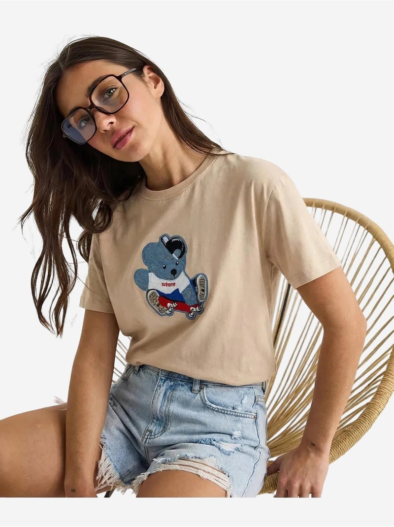 T-shirt bordada de gola redonda lucci Bege-argila - Kiabi